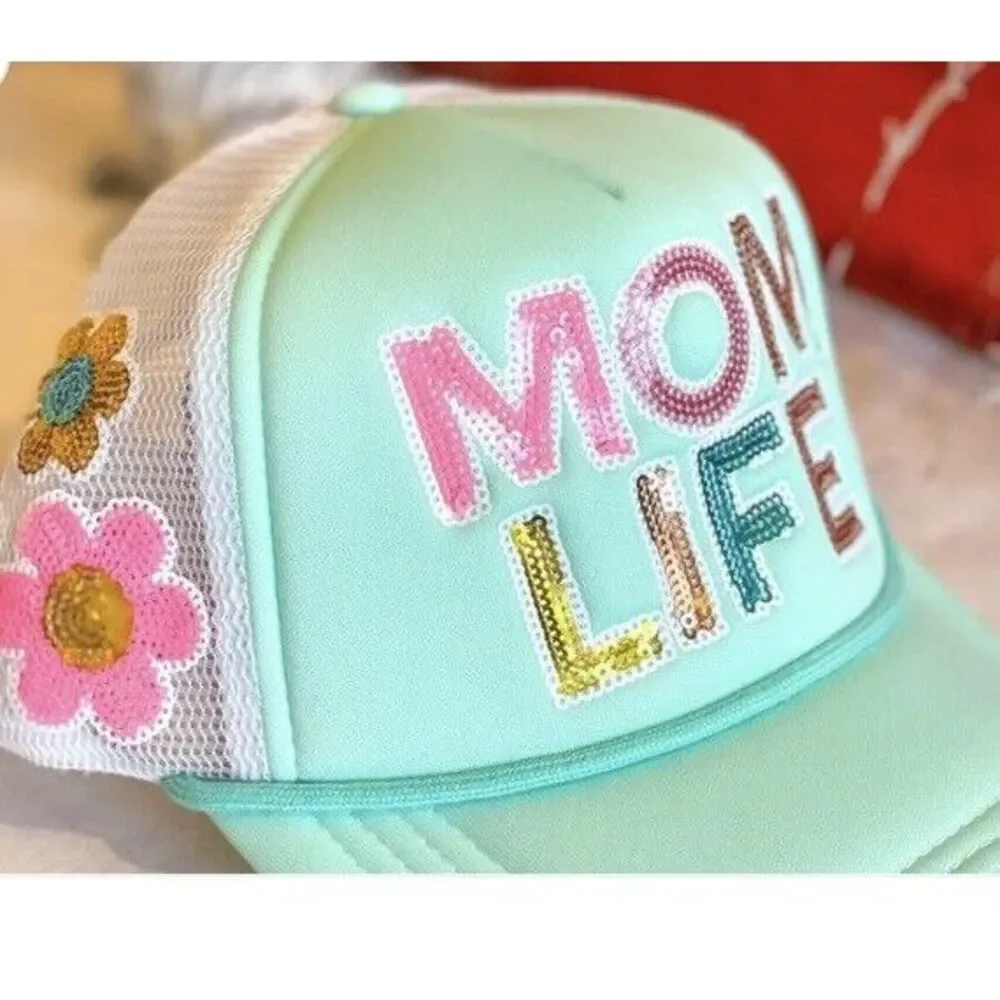 New SIMPLY SOUTHERN Sequin Letter MOM LIFE Trucker Cap Hat Mesh Back Minty Green - Picture 4 of 7